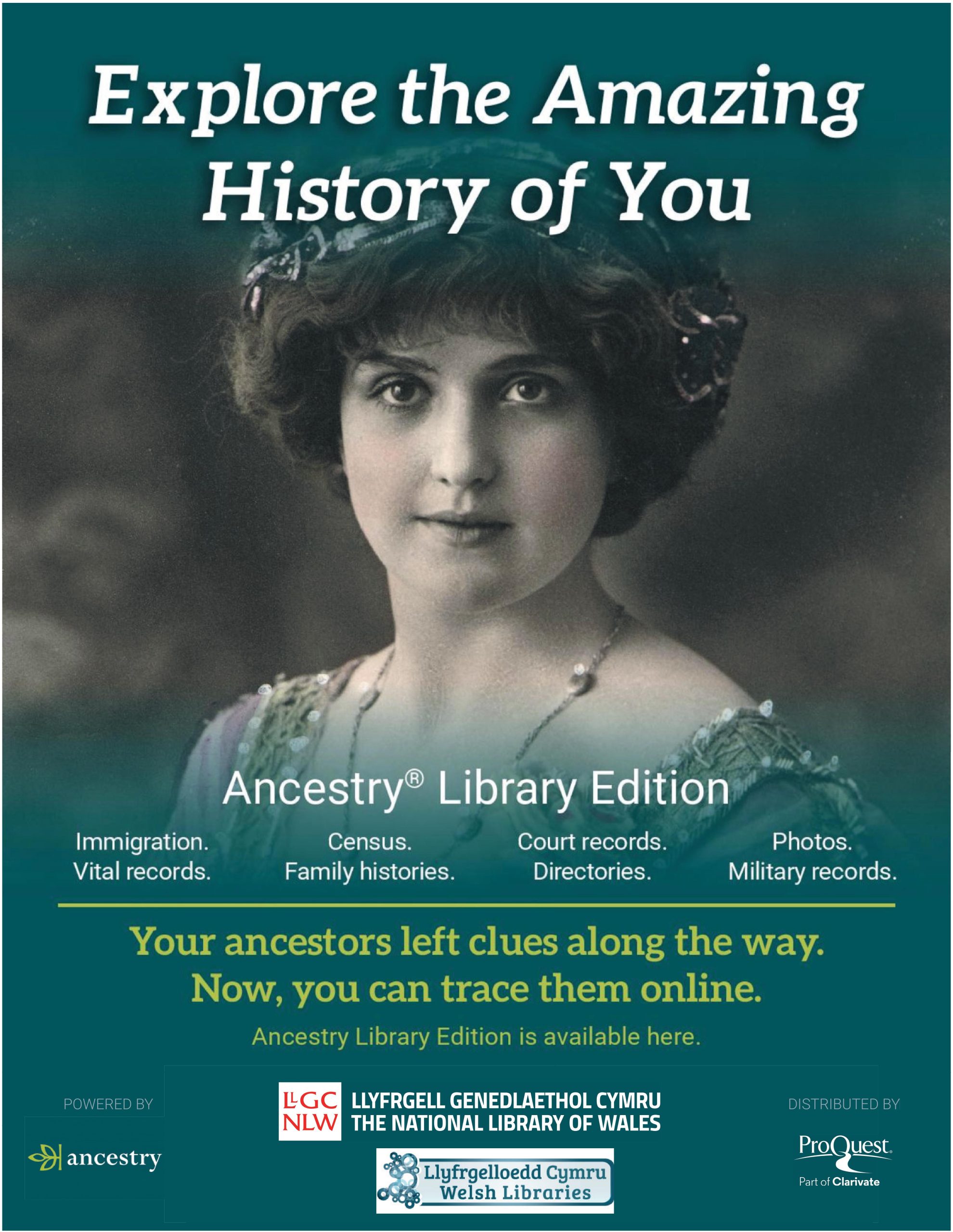 Ancestry promotional poster featuring historical portrait photograph