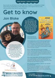 Poster featuring information about Author of the Month Jon Blake