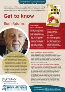 Poster featuring information about Author of the Month Sam Adams