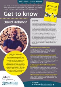 Poster featuring information about Author of the Month David Rahman