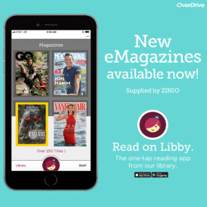 Poster of eMagazines on a Mobile device advertising new Overdrive eMagazines service