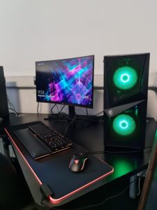 Llanelli Library Makerspace Area Workstation and speakers